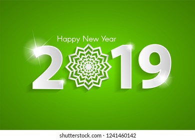 Green Happy New Year 2019 concept with paper shiny snowflake. Vector illustration