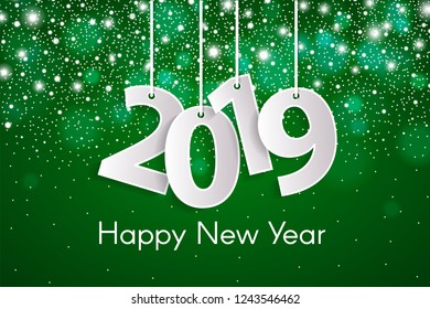 Green Happy New Year 2019 greeting card concept with paper cuted white numbers on ropes. Vector illustration