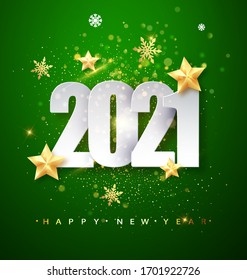 Green Happy New Year 2021 Greeting Card with Confetti Frame. Vector Illustration. Merry Christmas Flyer or Poster Design