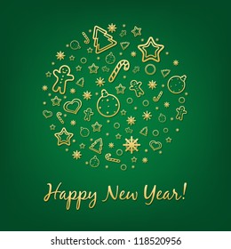 Green Happy New Year Card With Gradient Mesh, Vector Illustration