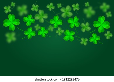 Green Happy Saint Patrick's Day Hintergrund. Abstrakte, helle und unscharfe Kleeblatte. Fröhliches Patrick's Day Banner mit fliegendem Glück Shamrock Blätter und Kopienraum. Stock-Vektorgrafik