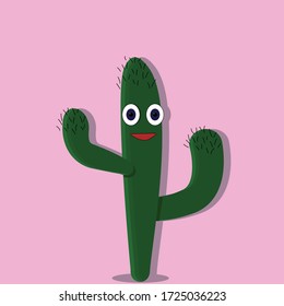 Green happy smiling cactus with cute eyes on pink background