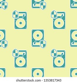 Green Hard disk drive (HDD) protection icon isolated seamless pattern on yellow background. Flat design. Vector Illustration