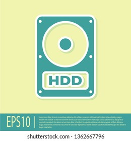 Green Hard disk drive (HDD) icon isolated on yellow background. Flat design. Vector Illustration