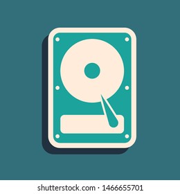 Green Hard disk drive HDD icon isolated on blue background. Long shadow style. Vector Illustration