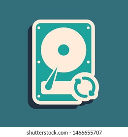Green Hard disk drive HDD sync refresh icon isolated on blue background. Long shadow style. Vector Illustration