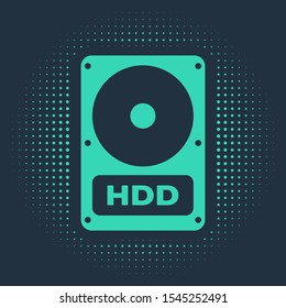 Green Hard disk drive HDD icon isolated on blue background. Abstract circle random dots. Vector Illustration
