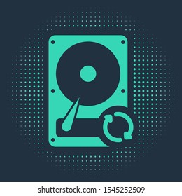 Green Hard disk drive HDD sync refresh icon isolated on blue background. Abstract circle random dots. Vector Illustration