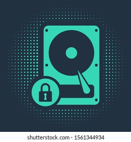 Green Hard disk drive and lock icon isolated on blue background. HHD and padlock. Security, safety, protection concept. Abstract circle random dots. Vector Illustration