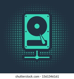 Green Hard disk drive on sharing network icon isolated on blue background. Abstract circle random dots. Vector Illustration