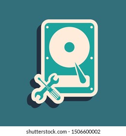 Green Hard disk drive with screwdriver and wrench icon isolated on blue background. Adjusting, service, setting, maintenance, repair, fixing. Long shadow style. Vector Illustration