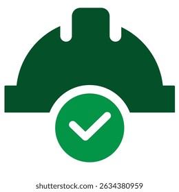 Green hard hat icon with a check mark symbol overlay. 