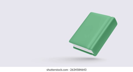 Livro de capa dura verde em 3D estilo cartoon em fundo macio. Ideal para visuais escolares, educacionais ou de literatura. Design simples e limpo. Ilustração vetorial.