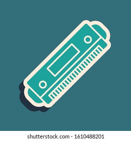 Green Harmonica icon isolated on blue background. Musical instrument. Long shadow style. Vector Illustration