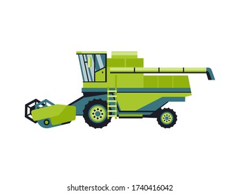 Green harvesting machine combine, isolated on white background flat style icon.