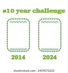 Green hashtag challenge. Decade comparison Vector. Nature growth representation. Year icons 2014 2024.