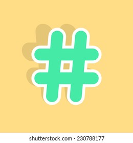 green hashtag icon sticker with shadow. concept of number sign, social media, mark message, short messages, microblogging. isolated on yellow background. flat style trendy modern vector illustration