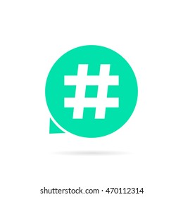 green hashtag logo with shadow. concept of comments showing, find pr, website short messages, searching, grille, we. flat style trend modern logotype design vector illustration on white background
