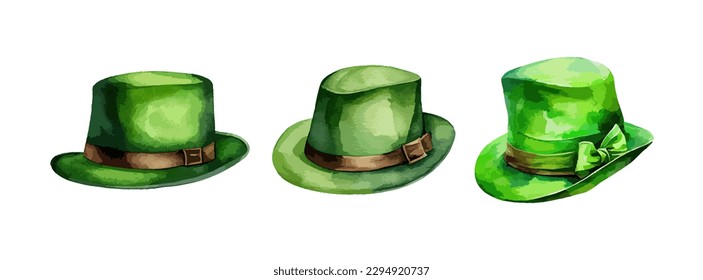 Green hat with bow watercolor set isolated on white background. Saint Patrick day decorative elements. Vector illustration