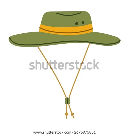 Green hat with brim, panama hat. Flat color isolated illustration. Item for hiking. Hiking hat for sun protection with ties in strong winds. Design for postcards. Picnics, hiking, camping