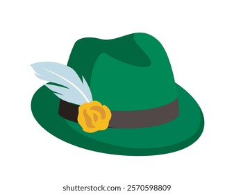 Green hat with a brown band, yellow flower, and white feather, isolated on a white background. Traditional style, simple and creative design. Vector illustration