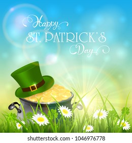 Green hat and cauldron with gold of leprechaun in grass and clover on blue sky background. Holiday lettering Happy St. Patrick's Day, illustration.