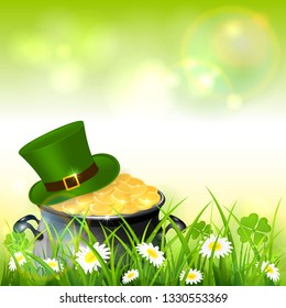 Green hat and cauldron with gold of leprechaun. and clover on sunny background. St. Patrick's Day theme with clover in grass on green background, illustration.