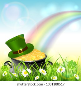 Green hat and cauldron with gold of leprechaun in grass with clover and colorful rainbow. St. Patrick's Day theme on blue nature background, illustration.