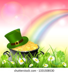 Green hat and cauldron with gold of leprechaun in grass with clover and colorful rainbow. St. Patrick's Day theme on pink nature background, illustration.