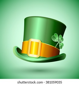 Green hat with clover leaf for saint Patrick Day. Irish fortune hat of leprechaun for lucky celebration. Vector illustration for a Holiday banner.