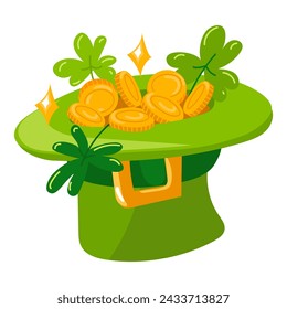 A green hat with coins and a clover inside. A gold coin in a green hat for St. Patrick's Day with a shamrock on a white background. Cute illustration in green and yellow colors