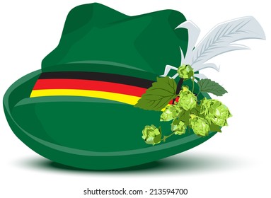 Green hat with a feather and hops. Illustration in vector format