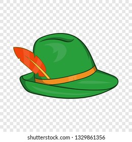 Green hat with a feather icon in cartoon style on a background for any web design 