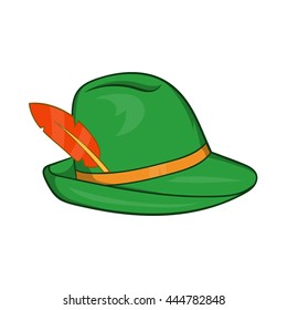 Green hat with a feather icon in cartoon style on a white background