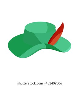 Green hat with feather icon in cartoon style on a white background