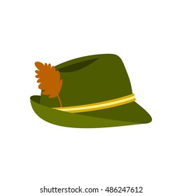 Green hat with feather icon in flat style on a white background vector illustration