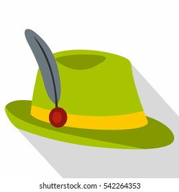 Green hat with feather icon. Flat illustration of green hat with feather vector icon for web isolated on white background