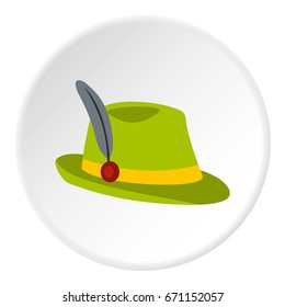 Green hat with feather icon in flat circle isolated vector illustration for web