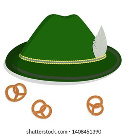 Green hat with feather vector isolated image. Pretzels.