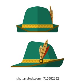 The green hat with a feathers in flat design. The cap isolated on white background. Front and side view. Vector illustration.