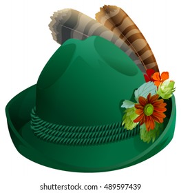 Green hat with feathers for Oktoberfest. Isolated on white vector illustration