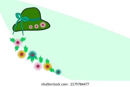 Grüner Hut, Blumen, blauer Rochen, Farbzeichnung, für das Design einer Postkarte, Poster