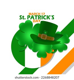 Green hat with four-leaf clover, Irish flag and bold text on white background to commemorate St. Patrick's Day on March 17 in Ireland