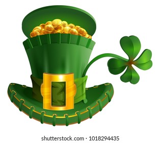 Green hat full gold coin and luck leaf clover. St. Patrick's Day symbol accessory. Isolated on white vector cartoon illustration