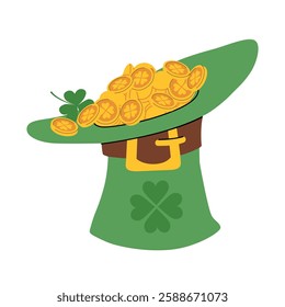 Green hat full of gold coins. St. Patrick's Day element. Leprechaun treasure in green headdress with clover lucky symbol. For festival or party decoration. Flat vector illustration isolated on white.