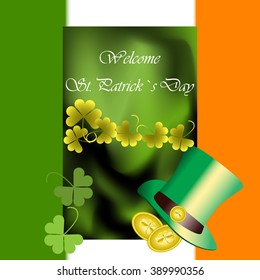 green hat and gold coins on a background of green and gold leaf clover and Irish flag