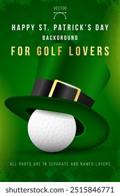 Green hat with golf ball on green background - Happy Saint Patricks Day design for golf lovers. Vector illustration.