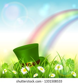 Green hat in grass with clover and colorful rainbow. St. Patrick's Day theme on blue nature background, illustration.