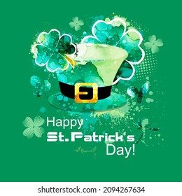 Green hat. Happy St. Patrick's Day. Good luck clover. Greeting card. Vector illustration