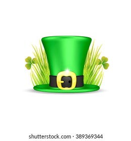 Green hat leprechaun with clover in the grass, vector illustration for St Patrick's Day